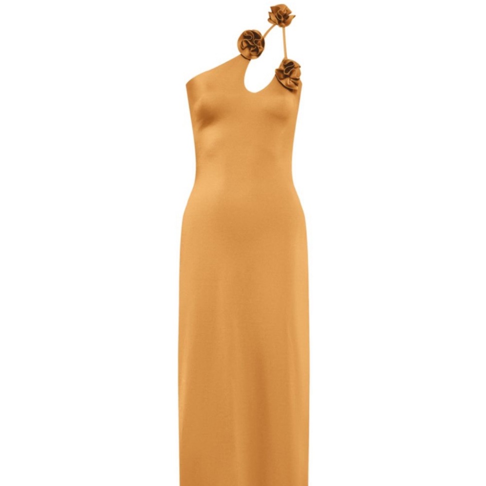 One-Shoulder Mustard Maxi Dress with Floral Strap